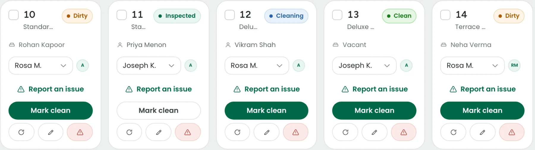 Housekeeping room cards: dirty, inspected, cleaning, clean