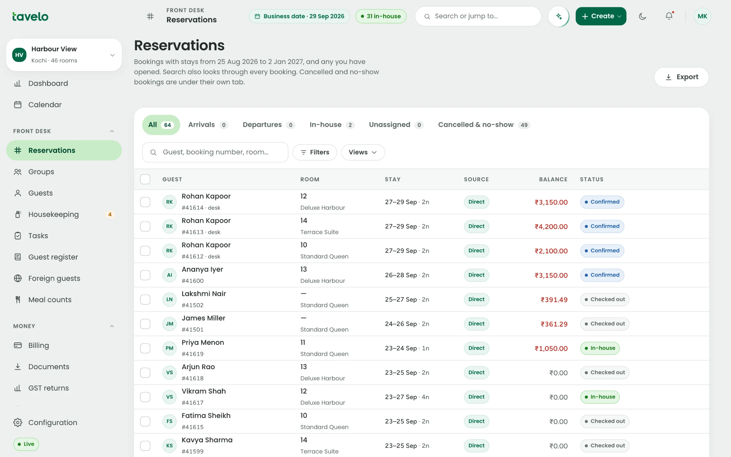The reservations list: guest, room, stay, source, balance and status
